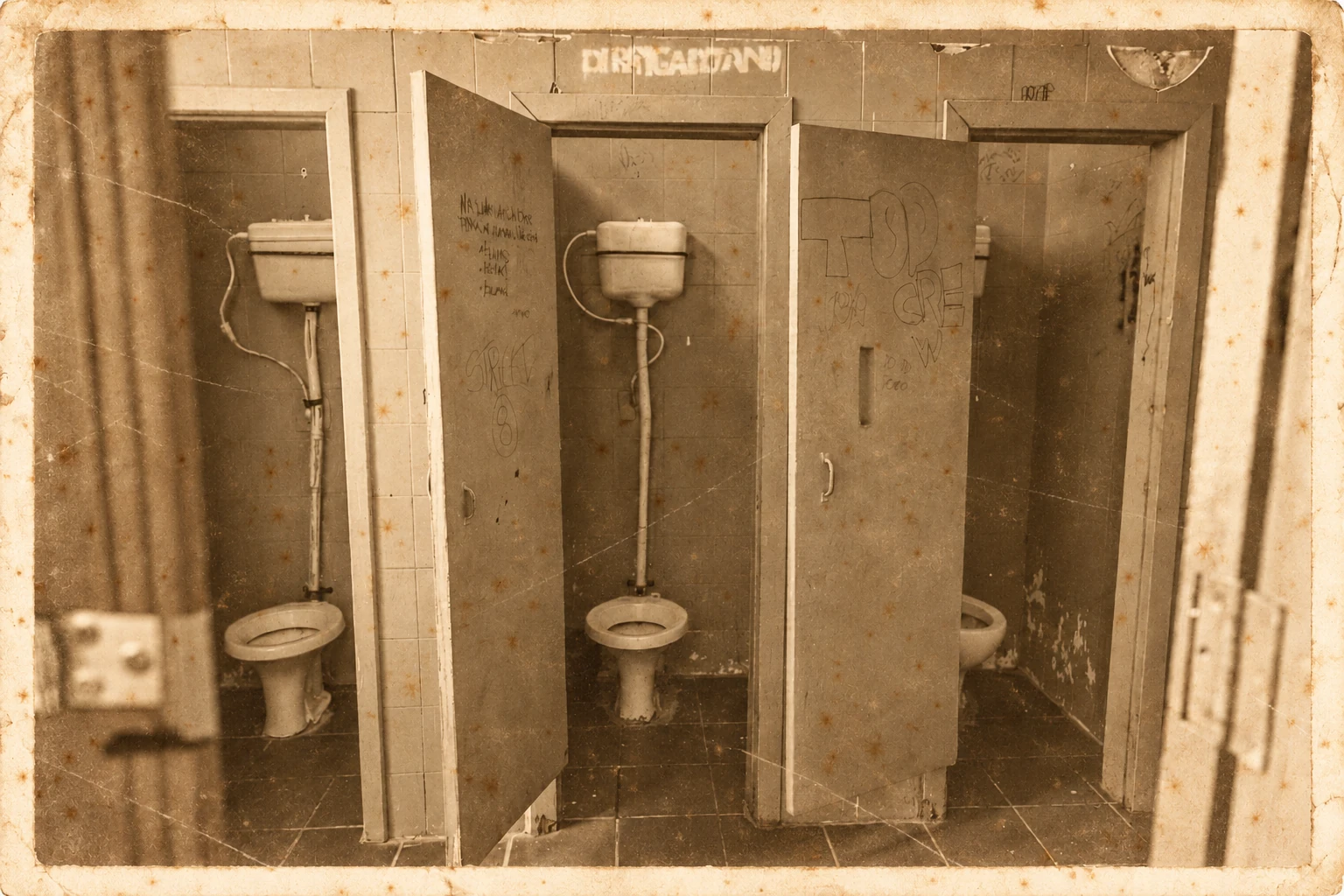 Fotografia de um banheiro com três cabines, vasos sanitários e portas abertas, em sépia, com superfície envelhecida e borda branca desgastada.